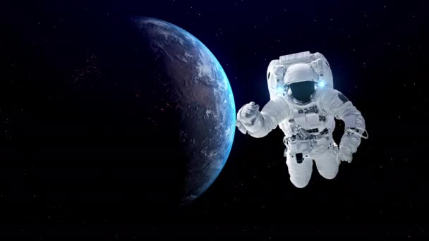 Astronautti avaruusmies tehdä avaruuskävelyä työskennellessään avaruuslento tehtävän — kuvapankkivideo