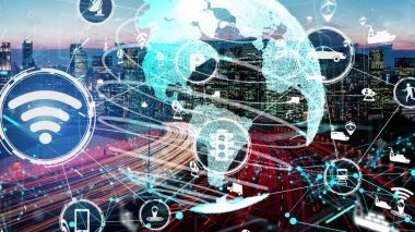 Yeni şehir yolunda gelecekteki araba trafiği için akıllı ulaşım teknolojisi kavramı