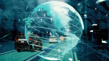 Yeni şehir yolunda gelecekteki araba trafiği için akıllı ulaşım teknolojisi kavramı