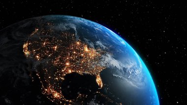 Gerçekçi coğrafya yüzeyi ve yörüngesel 3D bulut atmosferine sahip Dünya gezegeni
