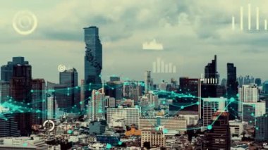 İş verisi analitik arayüzü, geleceği gösteren akıllı şehir üzerinde uçar