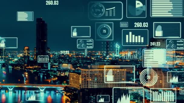 L'interfaccia analitica dei dati aziendali sorvola smart city mostrando il futuro dell'alterazione — Video Stock