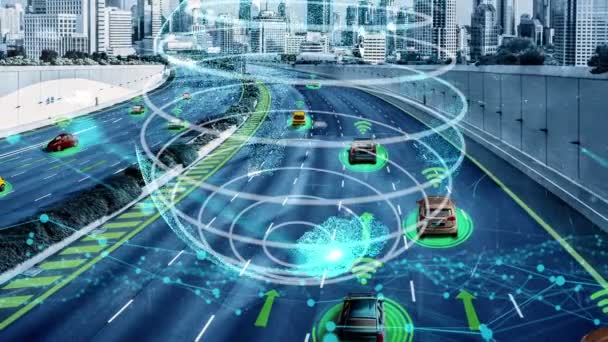 Έξυπνη έννοια της τεχνολογίας των μεταφορών για τη μελλοντική κυκλοφορία αυτοκινήτων στο νέο δρόμο της πόλης — Αρχείο Βίντεο
