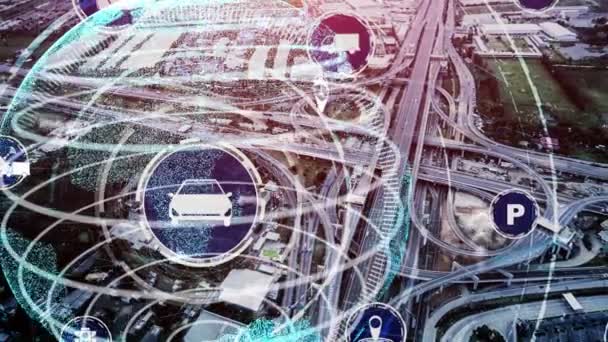 新都市道路上の将来の車のトラフィックのためのスマート輸送技術の概念 — ストック動画