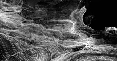 Ağ noktaları ve koyu arkaplanı birbirine bağlayan dijital dokuma çizgilerinin soyut dalgası