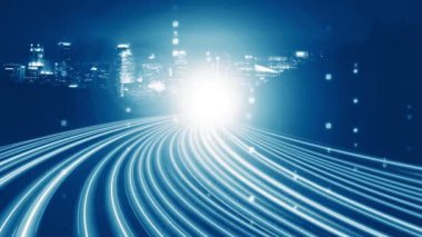 Siber küresel iletişim ve kodlama kavramında yolda dijital veri akışı