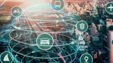 Yeni şehir yolunda gelecekteki araba trafiği için akıllı ulaşım teknolojisi kavramı