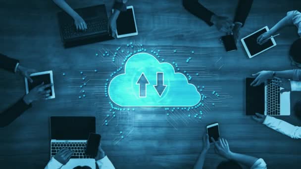 Teknologi komputasi awan dan penyimpanan data daring untuk jaringan bisnis cerdas — Stok Video