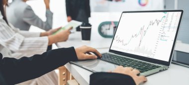 İşkadını dizüstü bilgisayarını kullanarak borsa verilerini analiz ediyor.