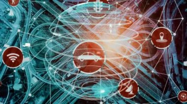 Yeni şehir yolunda gelecekteki araba trafiği için akıllı ulaşım teknolojisi kavramı