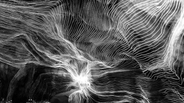 Ağ noktaları ve koyu arkaplanı birbirine bağlayan dijital dokuma çizgilerinin soyut dalgası