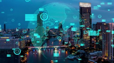 İş verisi analitik arayüzü, geleceği gösteren akıllı şehir üzerinde uçar