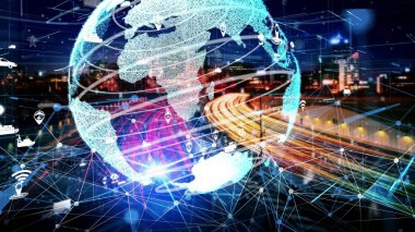 Yeni şehir yolunda gelecekteki araba trafiği için akıllı ulaşım teknolojisi kavramı