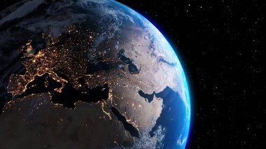 Gerçekçi coğrafya yüzeyi ve yörüngesel 3D bulut atmosferine sahip Dünya gezegeni