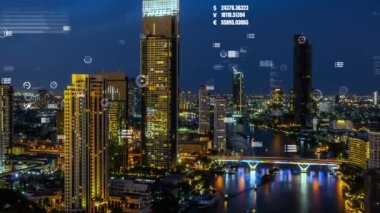 İş verisi analitik arayüzü, geleceği gösteren akıllı şehir üzerinde uçar