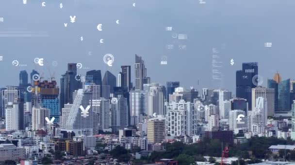 L'interface analytique de données d'affaires survole la ville intelligente montrant l'avenir de l'altération — Video