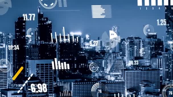Business data analytic interface fly over smart city showing alteration future — Stock Video
