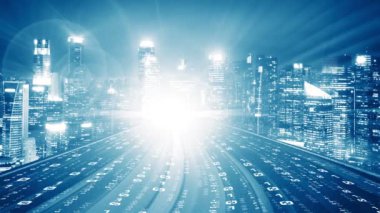 Siber küresel iletişim ve kodlama kavramında yolda dijital veri akışı