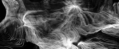 Ağ noktaları ve koyu arkaplanı birbirine bağlayan dijital dokuma çizgilerinin soyut dalgası