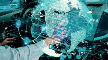 Yeni şehir yolunda gelecekteki araba trafiği için akıllı ulaşım teknolojisi kavramı