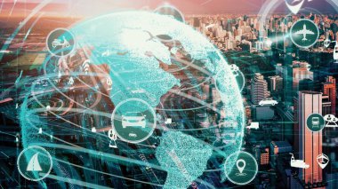 Yeni şehir yolunda gelecekteki araba trafiği için akıllı ulaşım teknolojisi kavramı