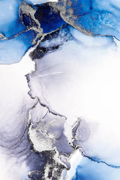 Blauw zilver abstracte achtergrond van marmer vloeibare inkt kunst schilderen op papier . — Stockfoto