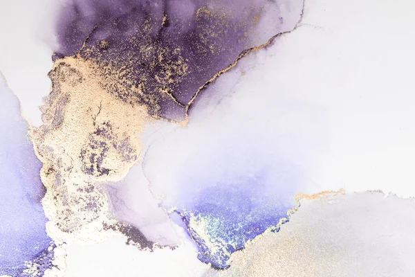 Oro púrpura fondo abstracto de mármol tinta líquida pintura de arte sobre papel . — Foto de Stock