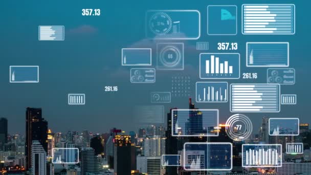 İş verisi analitik arayüzü, geleceği gösteren akıllı şehir üzerinde uçar — Stok video
