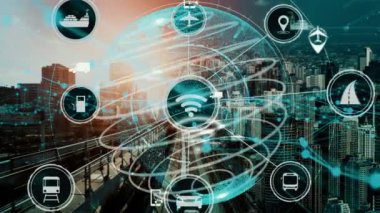 Yeni şehir yolunda gelecekteki araba trafiği için akıllı ulaşım teknolojisi kavramı