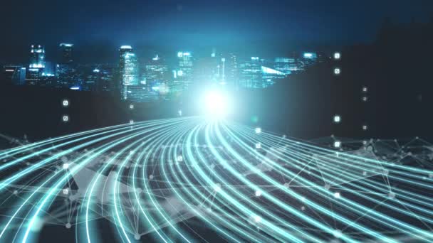 サイバーグローバル通信とコーディングの概念で道路上のデジタルデータフロー — ストック動画
