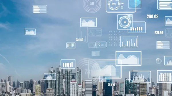 Business data analytické rozhraní létat nad chytrým městem ukazuje změny budoucnosti — Stock fotografie