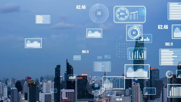Business data analytické rozhraní létat nad chytrým městem ukazuje změny budoucnosti — Stock fotografie