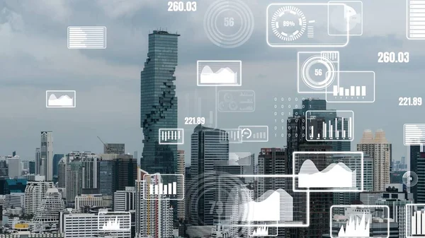 Business data analytické rozhraní létat nad chytrým městem ukazuje změny budoucnosti — Stock fotografie