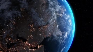Gerçekçi coğrafya yüzeyi ve bulutları olan Dünya Gezegeni 3D yörünge animasyonu