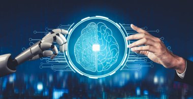 Geleceğin yapay zekası robot yapay zeka kavramını düşünüyor.