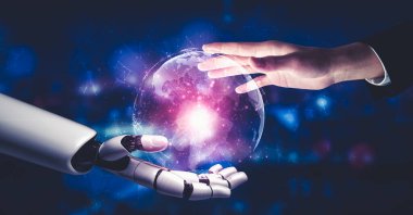 Yapay zeka ve makine öğrenimi AI droid robotu veya cyborg