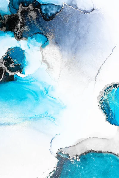 Argent bleu fond abstrait de marbre peinture à l'encre liquide art sur papier . — Photo