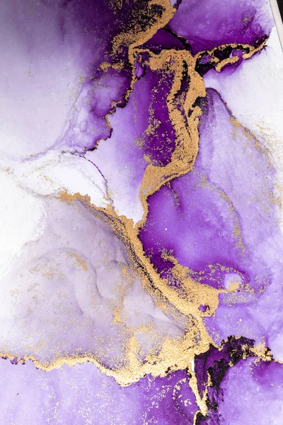 Purple gold abstract background of marble liquid ink art painting on paper .