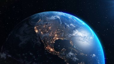 Gerçekçi coğrafya yüzeyi ve yörüngesel 3D bulut atmosferine sahip Dünya gezegeni