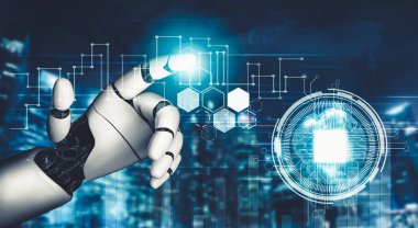 Geleceğin yapay zekası robot yapay zeka kavramını düşünüyor.