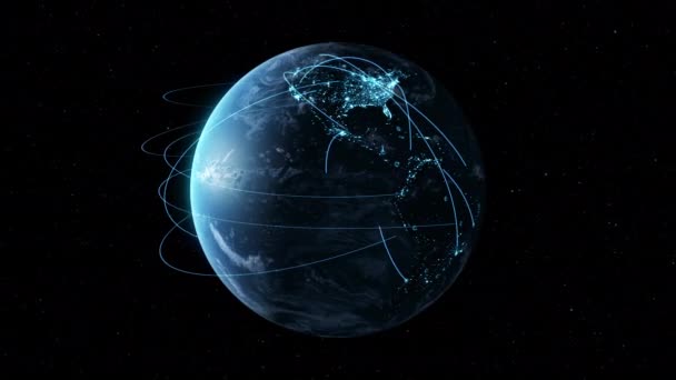 軌道上の地球のアニメーションでの世界的なネットワークとインターネット接続 — ストック動画