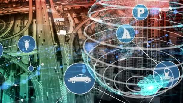 Yeni şehir yolunda gelecekteki araba trafiği için akıllı ulaşım teknolojisi kavramı — Stok video