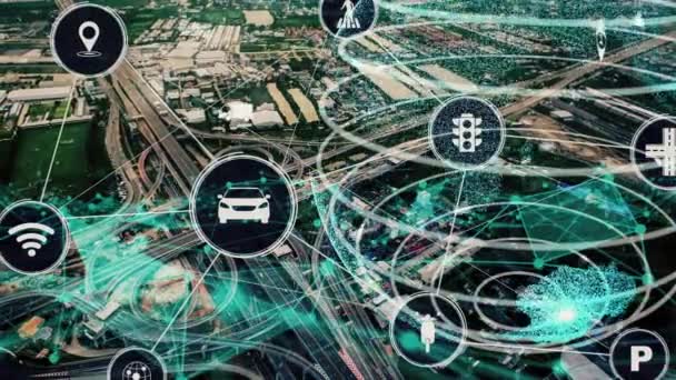 도시의 새로운 도로에서의 미래 차량 교통에 대한 스마트 운송 기술 개념 — 비디오