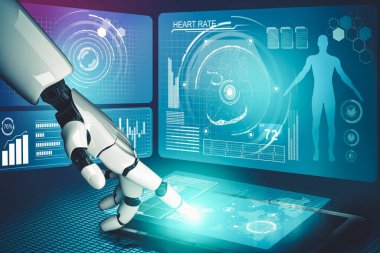 Gelecekteki hastanelerde çalışan tıbbi yapay zeka robotu.