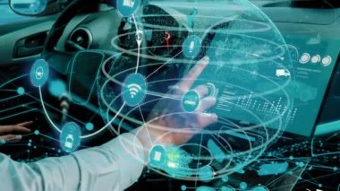 Yeni şehir yolunda gelecekteki araba trafiği için akıllı ulaşım teknolojisi kavramı