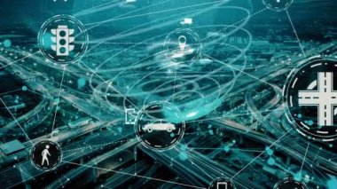 Yeni şehir yolunda gelecekteki araba trafiği için akıllı ulaşım teknolojisi kavramı