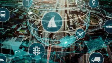 Yeni şehir yolunda gelecekteki araba trafiği için akıllı ulaşım teknolojisi kavramı
