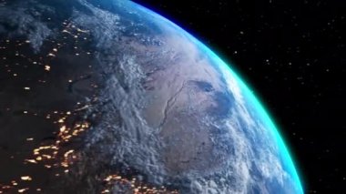 Gerçekçi coğrafya yüzeyi ve bulutları olan Dünya Gezegeni 3D yörünge animasyonu