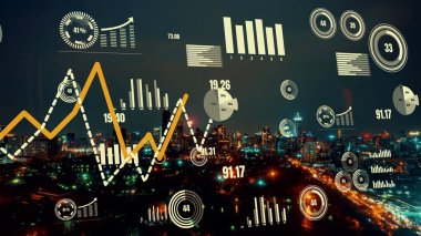 İş verisi analitik arayüzü, geleceği gösteren akıllı şehir üzerinde uçar