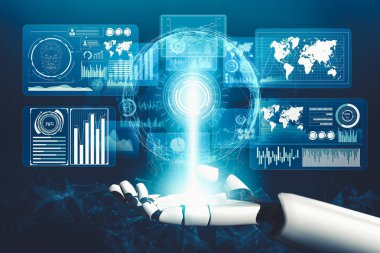 Geleceğin yapay zekası robot yapay zeka kavramını düşünüyor.